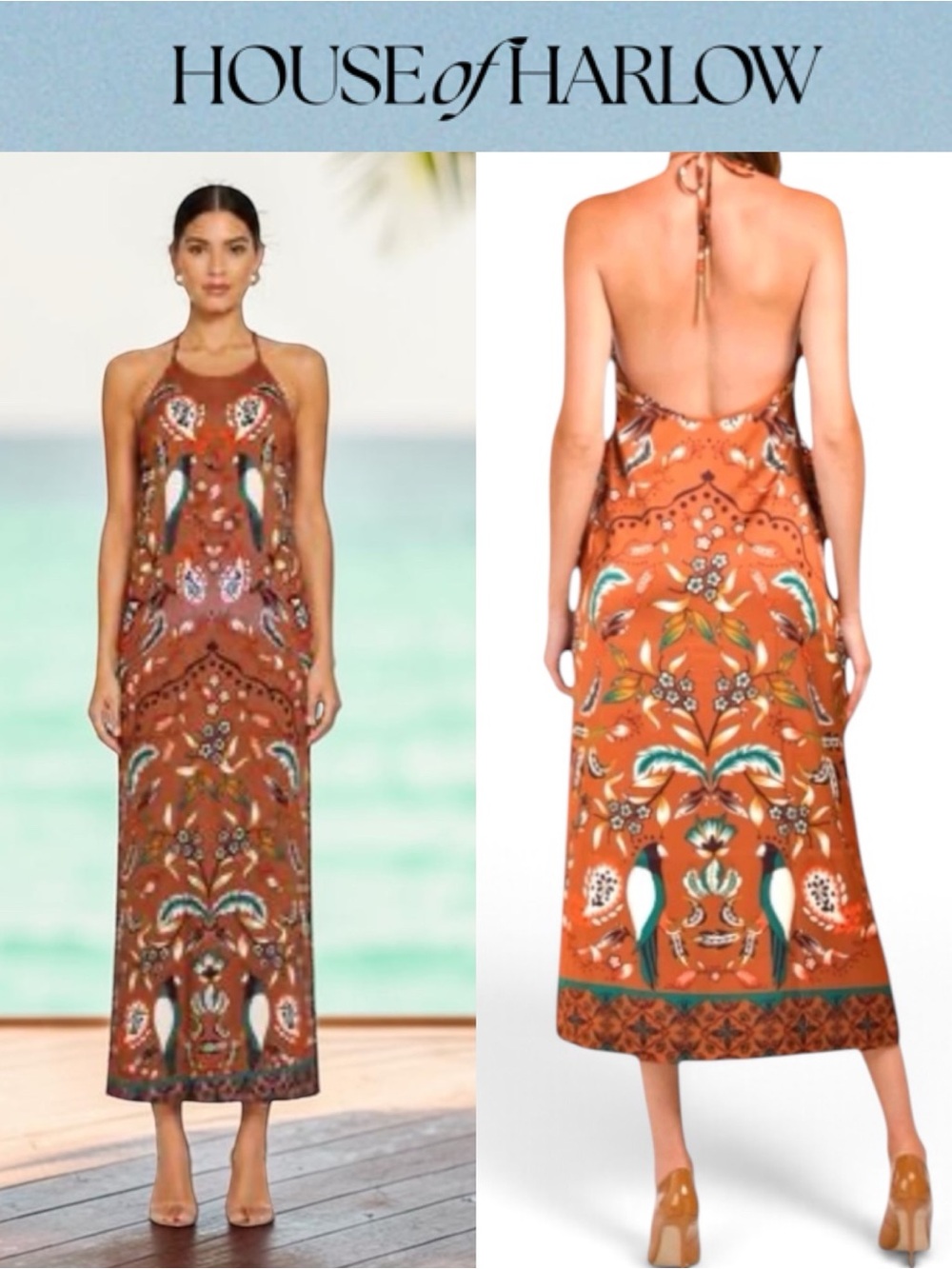 HOUSE OF HARLOW 1960 BIRD PRINT HALTER DRESS OPEN BACK TASSEL TIE SIZE MEDIUM